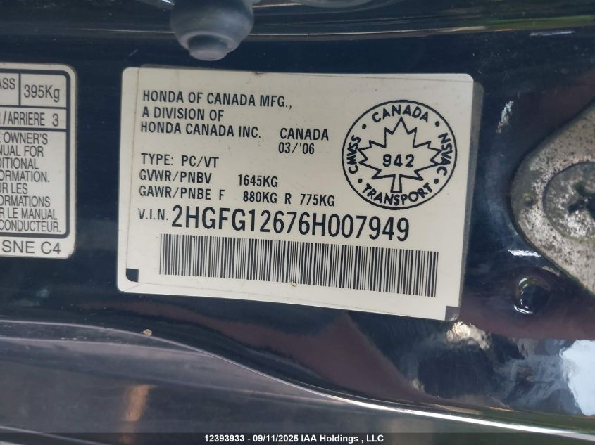 2006 Honda Civic Lx VIN: 2HGFG12676H007949 Lot: 12393933