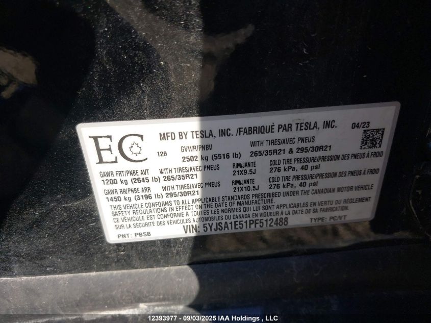 2023 Tesla Model S Awd/Standard Range VIN: 5YJSA1E51PF512488 Lot: 12393977
