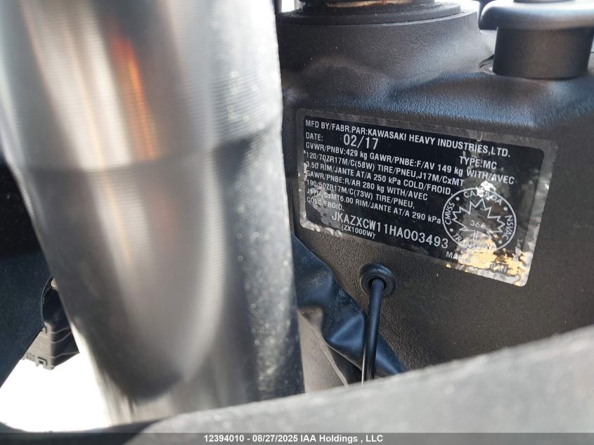 2017 Kawasaki Zx1000 W VIN: JKAZXCW11HA003493 Lot: 12394010