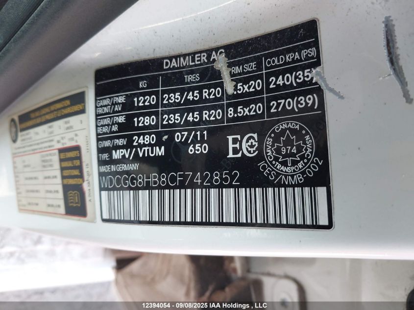 2012 Mercedes-Benz Glk 350 4Matic VIN: WDCGG8HB8CF742852 Lot: 12394054