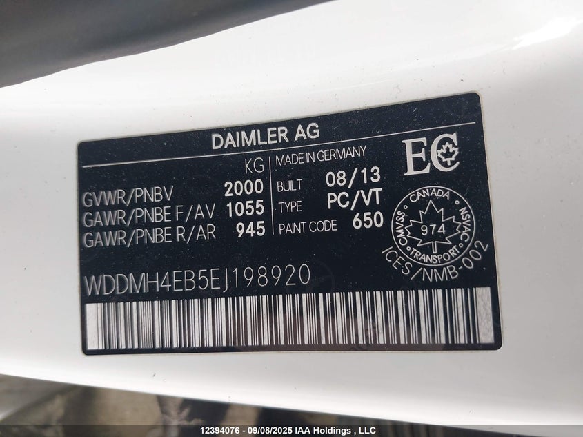 2014 Mercedes-Benz B 250 Sports Tourer VIN: WDDMH4EB5EJ198920 Lot: 12394076