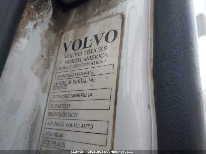 2015 Volvo Vn L VIN: 4V4NC9EGXFN189179 Lot: 12394081