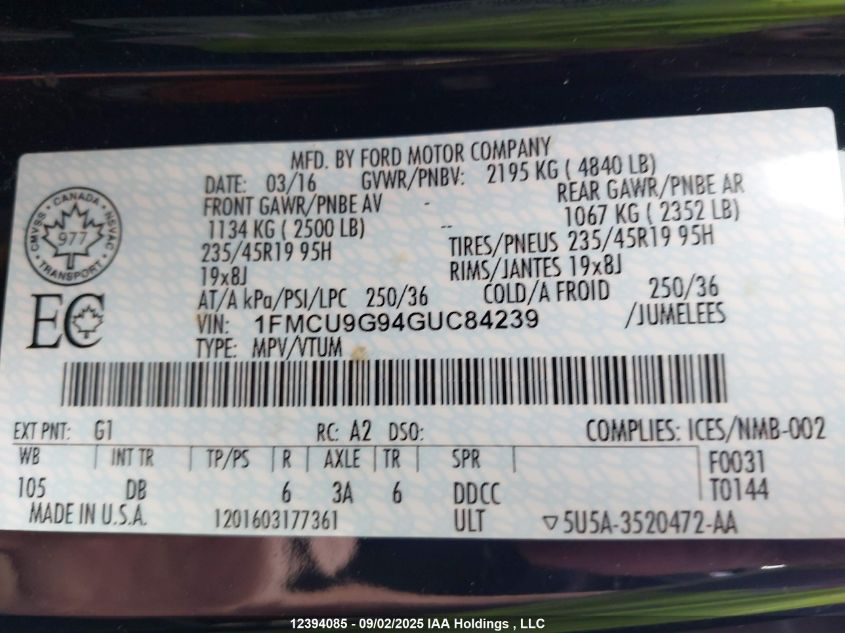 2016 Ford Escape Se VIN: 1FMCU9G94GUC84239 Lot: 12394085