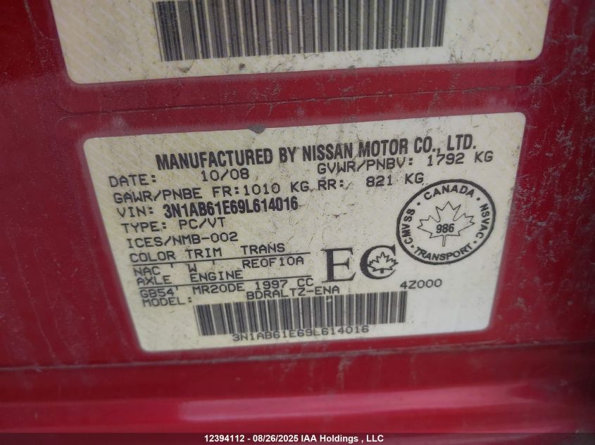 2009 Nissan Sentra 2.0/2.0S/2.0Sl VIN: 3N1AB61E69L614016 Lot: 12394112