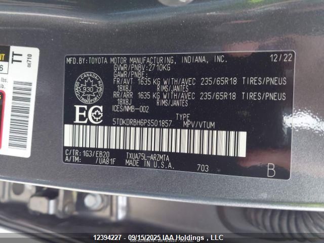 2023 Toyota Highlander Xle VIN: 5TDKDRBH6PS501857 Lot: 12394227