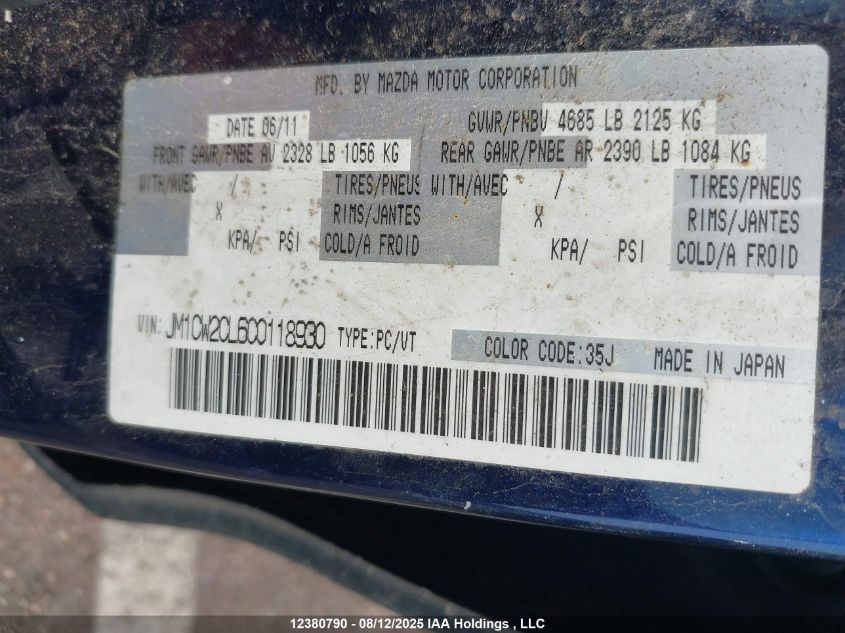 2012 Mazda Mazda5 Gs VIN: JM1CW2CL6C0118930 Lot: 12380790X