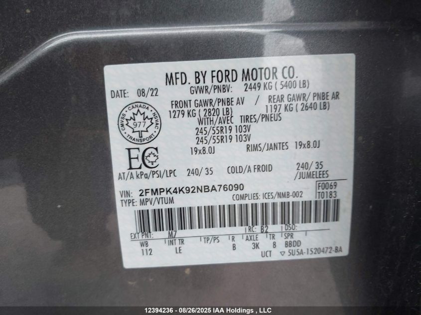 2022 Ford Edge Titanium VIN: 2FMPK4K92NBA76090 Lot: 12394236