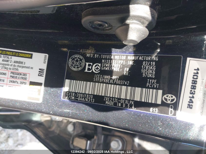 2020 Toyota Corolla Le VIN: 5YFBPRBE8LP003742 Lot: 12394242