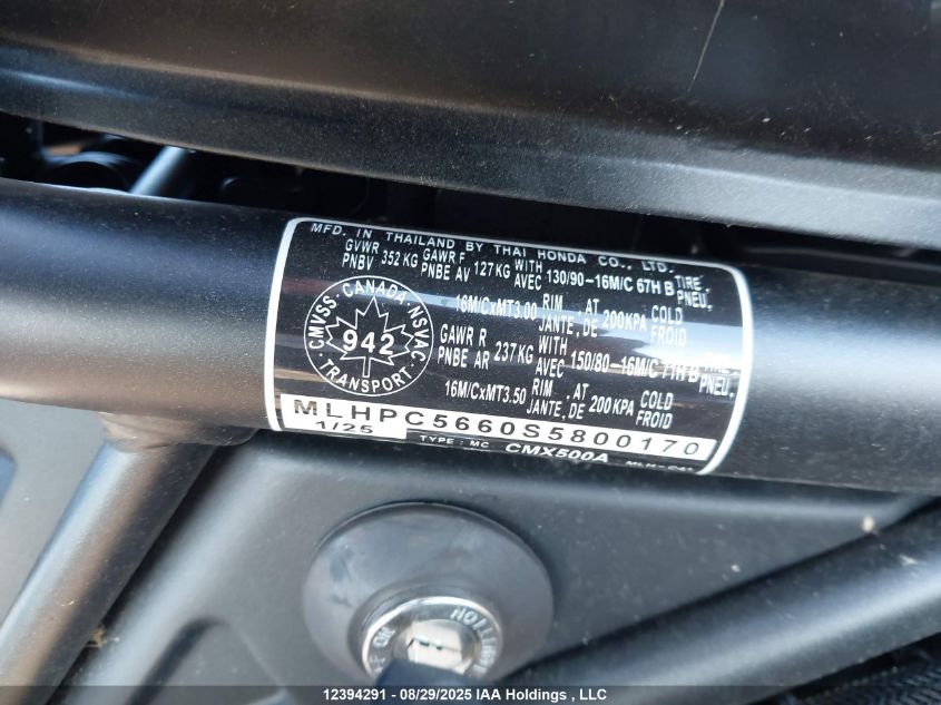 2025 Honda Cmx500 A VIN: MLHPC5660S5800170 Lot: 12394291