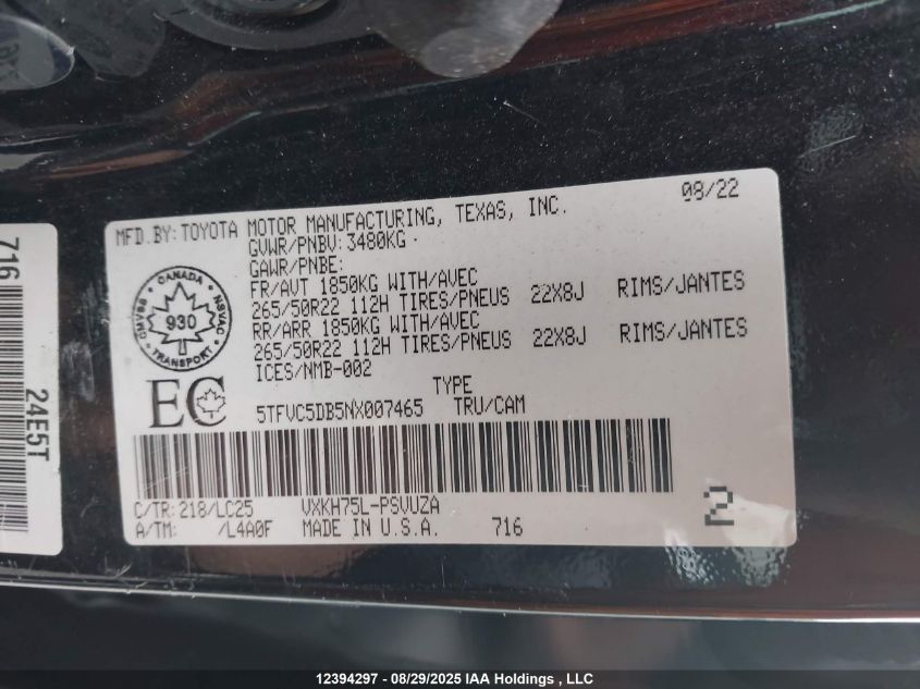 2022 Toyota Tundra Crewmax Capstone VIN: 5TFVC5DB5NX007465 Lot: 12394297