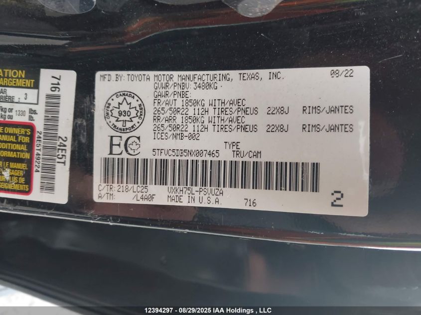 2022 Toyota Tundra Crewmax Capstone VIN: 5TFVC5DB5NX007465 Lot: 12394297