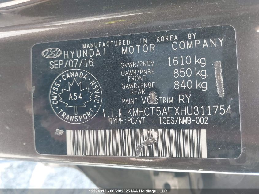 2017 Hyundai Accent Se VIN: KMHCT5AEXHU311754 Lot: 12394313