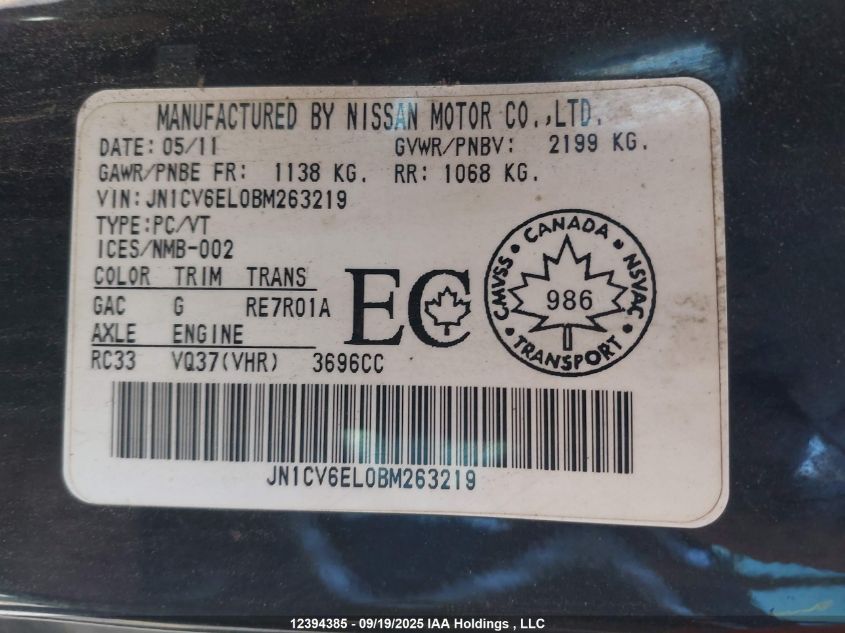 2011 Infiniti G37X VIN: JN1CV6EL0BM263219 Lot: 12394385