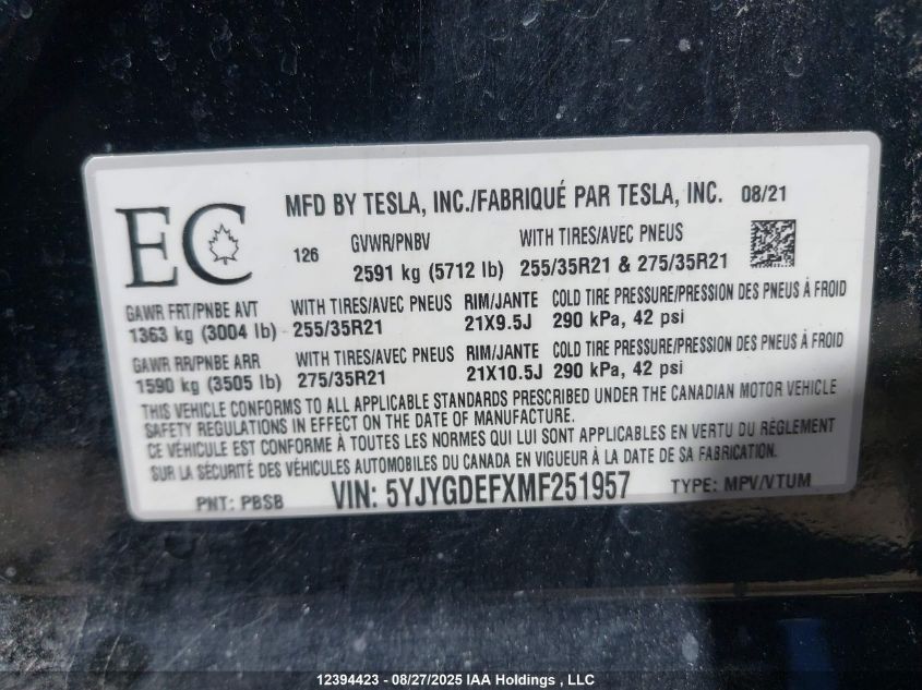 2021 Tesla Model Y Performance VIN: 5YJYGDEFXMF251957 Lot: 12394423