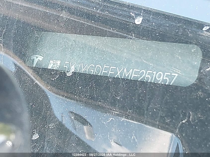 2021 Tesla Model Y Performance VIN: 5YJYGDEFXMF251957 Lot: 12394423