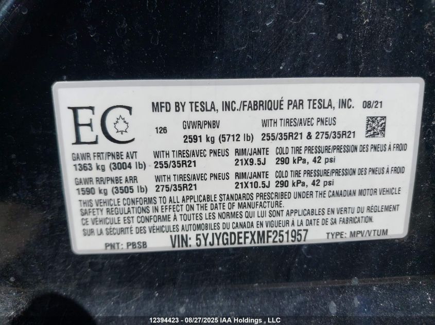 2021 Tesla Model Y Performance VIN: 5YJYGDEFXMF251957 Lot: 12394423