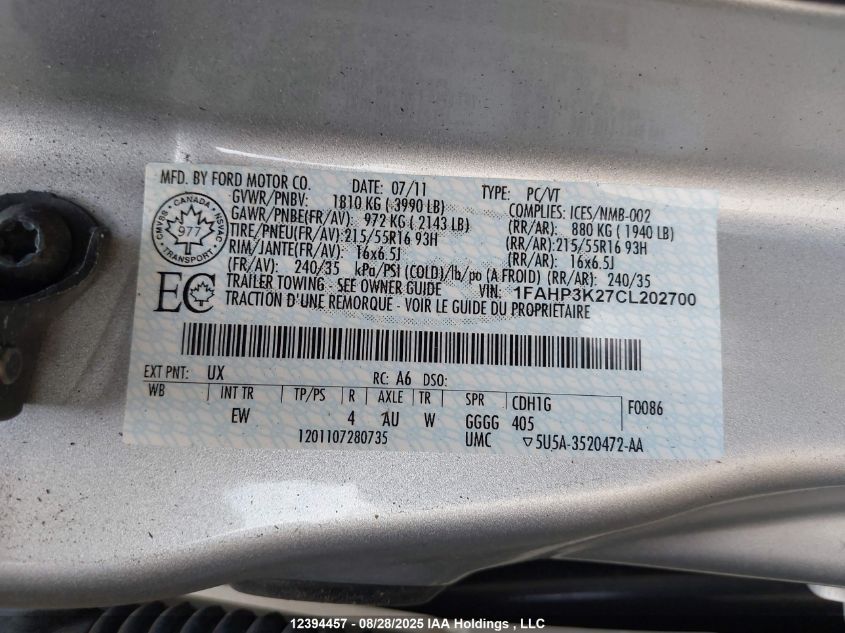 2012 Ford Focus Se VIN: 1FAHP3K27CL202700 Lot: 12394457