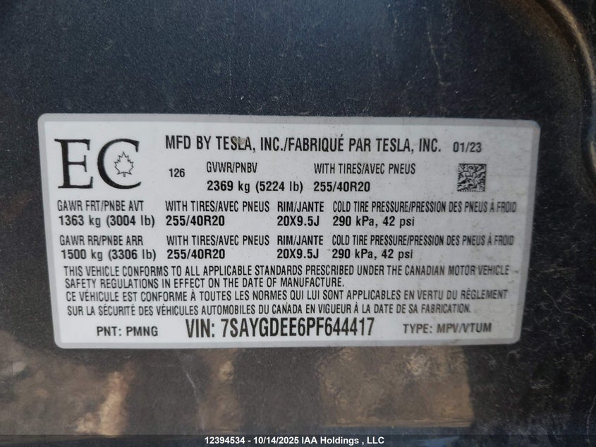 7SAYGDEE6PF644417 2023 TESLA MODEL Y photo no. 9
