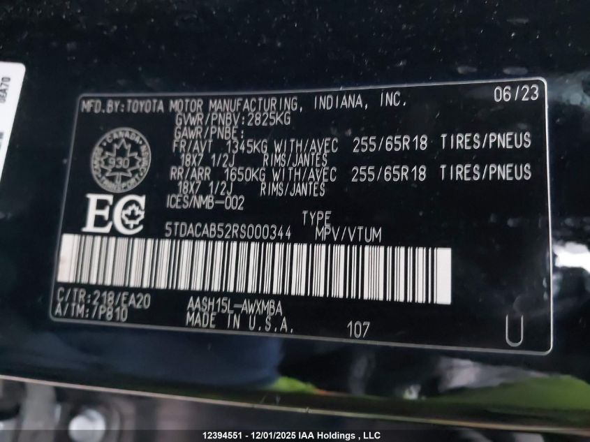 2024 Toyota Grand Highlander Hybrid Xle VIN: 5TDACAB52RS000344 Lot: 12394551