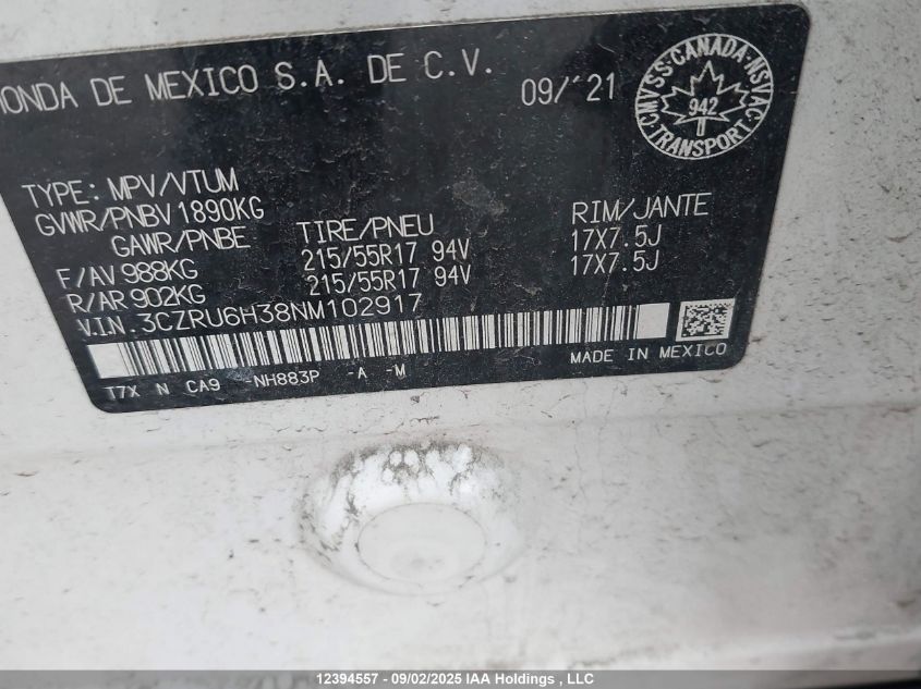 2022 Honda Hr-V Lx VIN: 3CZRU6H38NM102917 Lot: 12394557