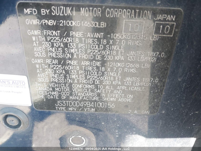 2011 Suzuki Grand Vitara Xsport VIN: JS3TD0D49B4100156 Lot: 12394574