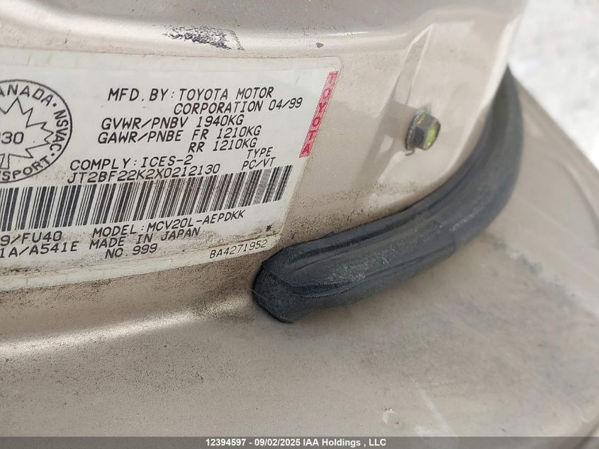 1999 Toyota Camry Le/Xle VIN: JT2BF22K2X0212130 Lot: 12394597