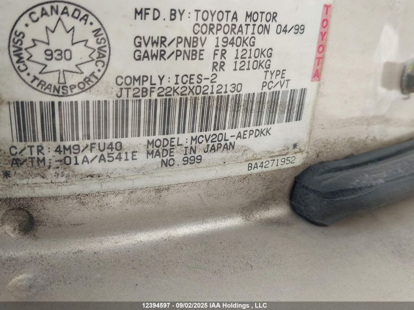 1999 Toyota Camry Le/Xle VIN: JT2BF22K2X0212130 Lot: 12394597