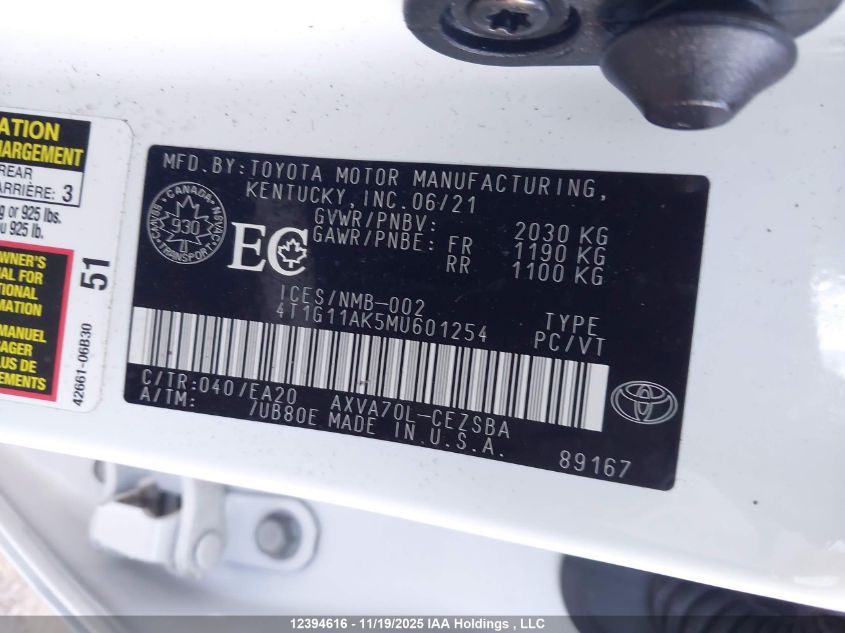 2021 Toyota Camry Se/Se Night Shade VIN: 4T1G11AK5MU601254 Lot: 12394616