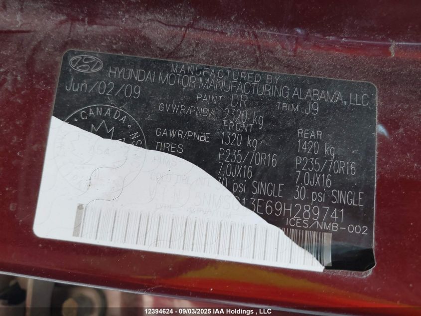 2009 Hyundai Santa Fe Gl VIN: 5NMSG13E69H289741 Lot: 12394624