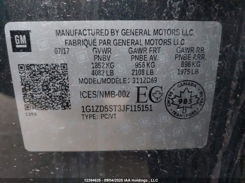2018 Chevrolet Malibu Lt VIN: 1G1ZD5ST3JF115151 Lot: 12394625