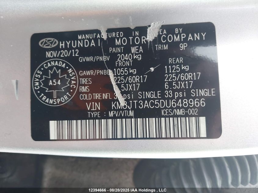 2013 Hyundai Tucson VIN: KM8JT3AC5DU648966 Lot: 12394666