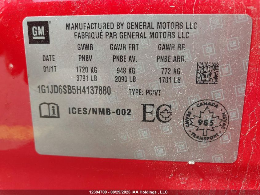 2017 Chevrolet Sonic VIN: 1G1JD6SB5H4137880 Lot: 12394709