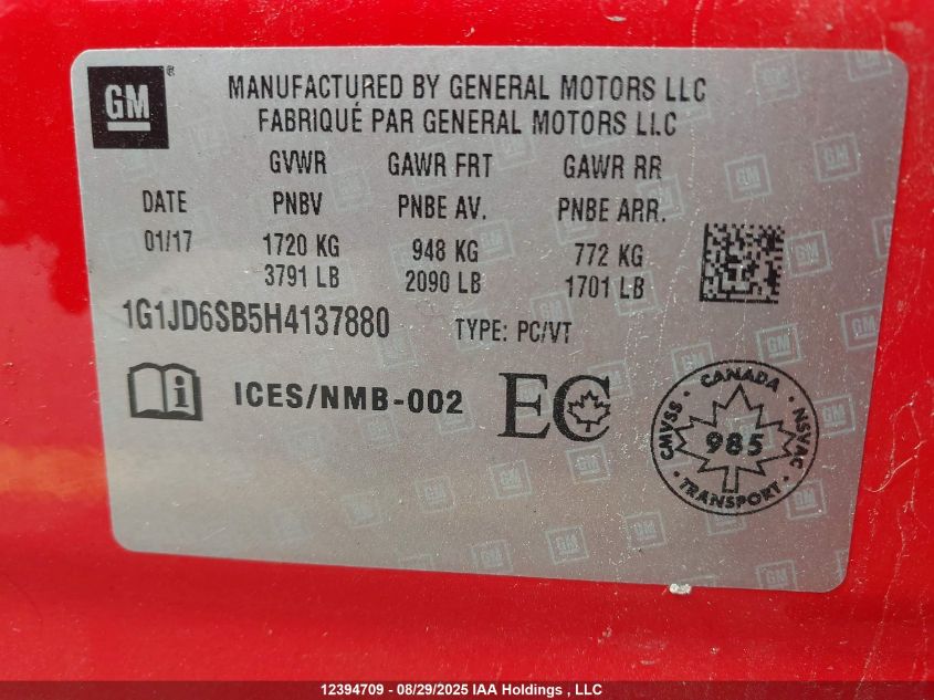 2017 Chevrolet Sonic VIN: 1G1JD6SB5H4137880 Lot: 12394709