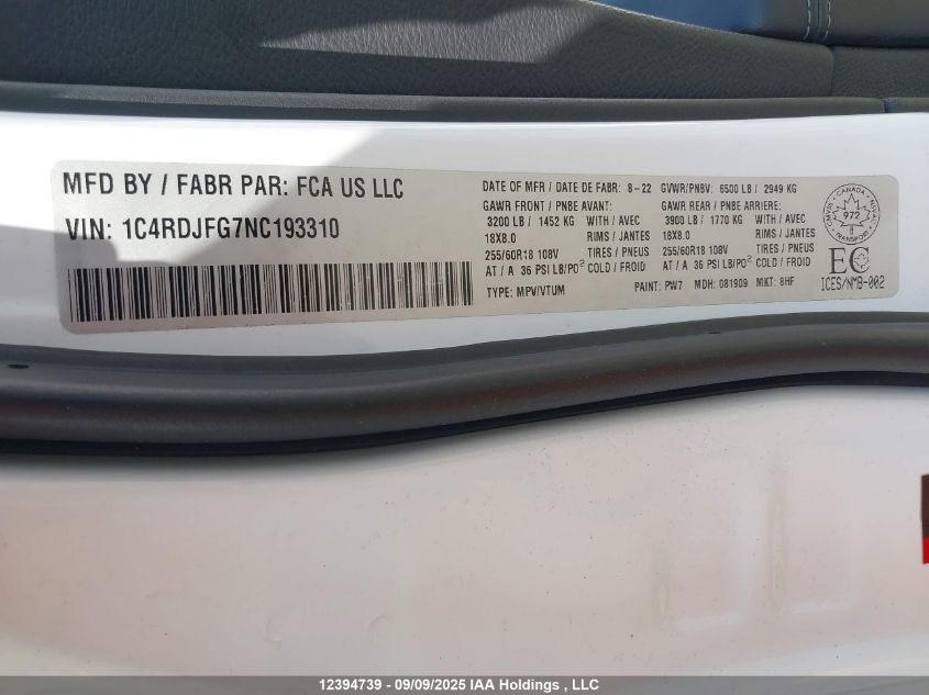 2022 Dodge Durango Pursuit/Enforcer VIN: 1C4RDJFG7NC193310 Lot: 12394739