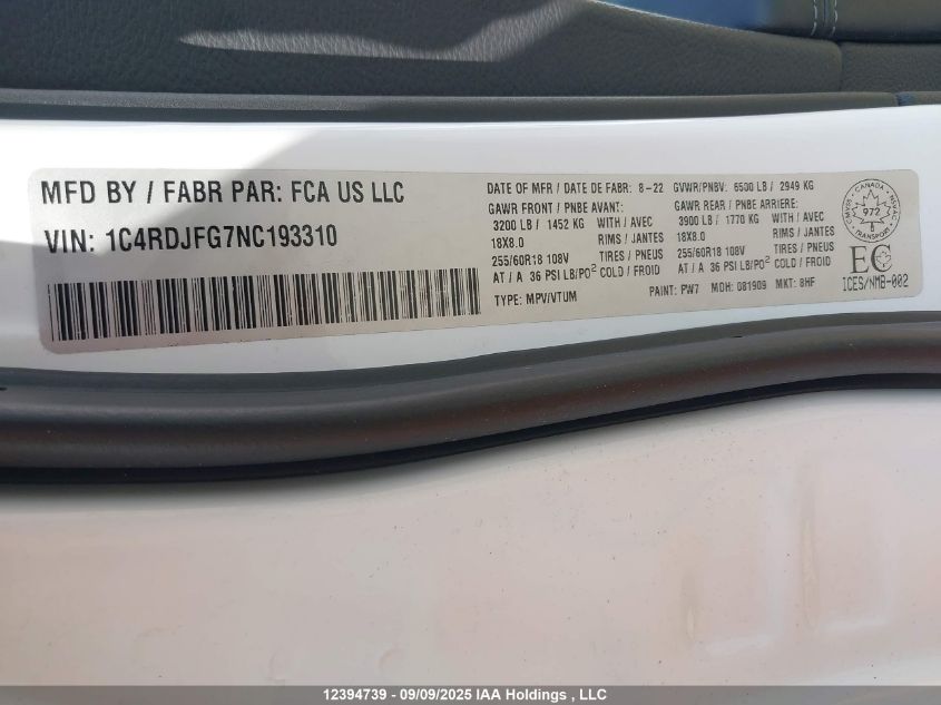 2022 Dodge Durango Pursuit/Enforcer VIN: 1C4RDJFG7NC193310 Lot: 12394739