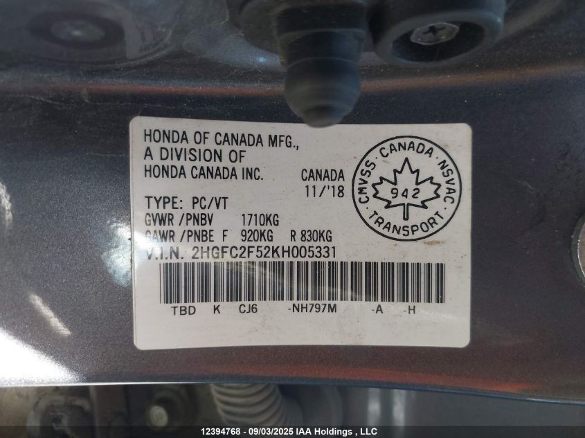 2019 Honda Civic Lx VIN: 2HGFC2F52KH005331 Lot: 12394768