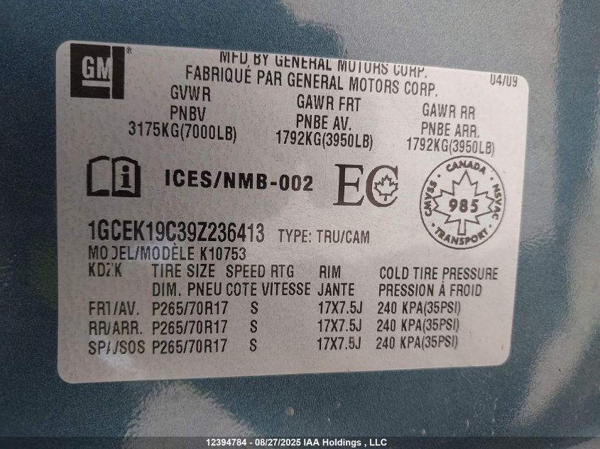 2009 Chevrolet Silverado 1500 Ls/Lt/Wt VIN: 1GCEK19C39Z236413 Lot: 12394784