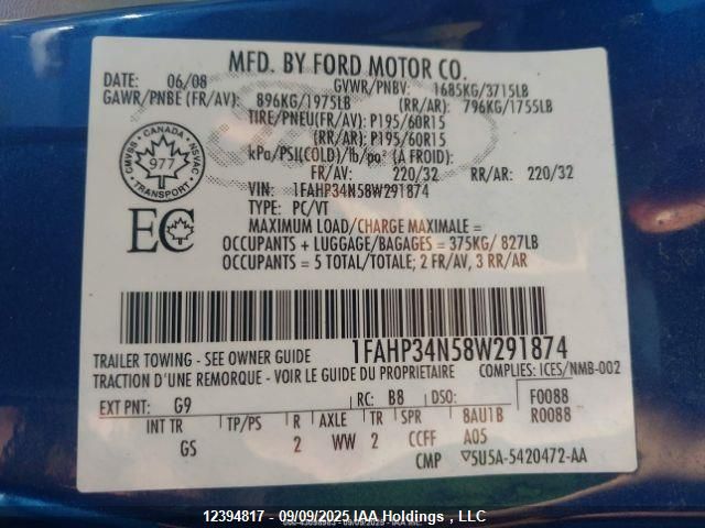 2008 Ford Focus S/Se VIN: 1FAHP34N58W291874 Lot: 12394817