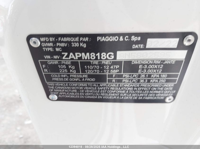2022 Vespa Primavera/Sprint 150 VIN: ZAPM818G8N5802595 Lot: 12394818