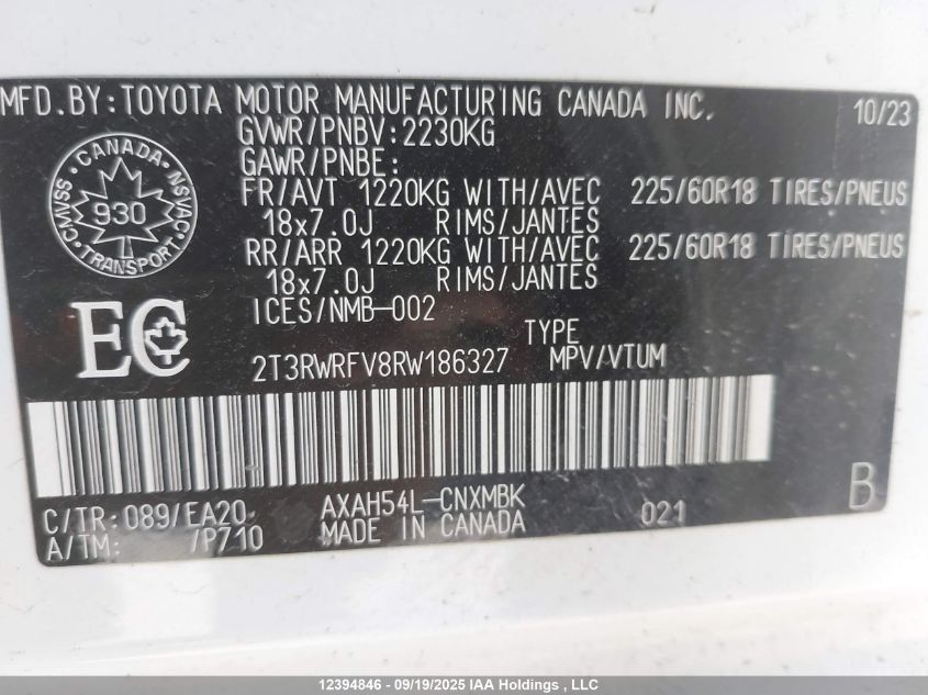 2024 Toyota Rav4 VIN: 2T3RWRFV8RW186327 Lot: 12394846