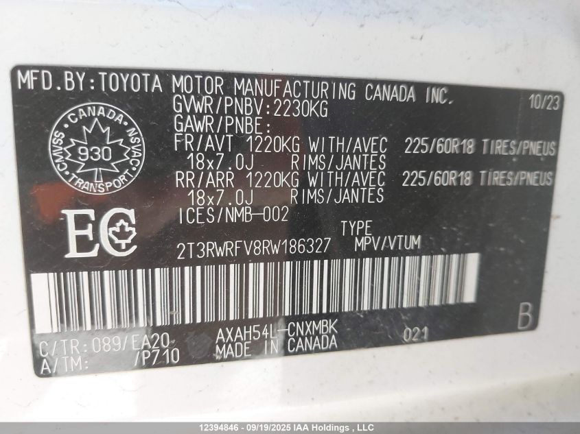 2024 Toyota Rav4 VIN: 2T3RWRFV8RW186327 Lot: 12394846