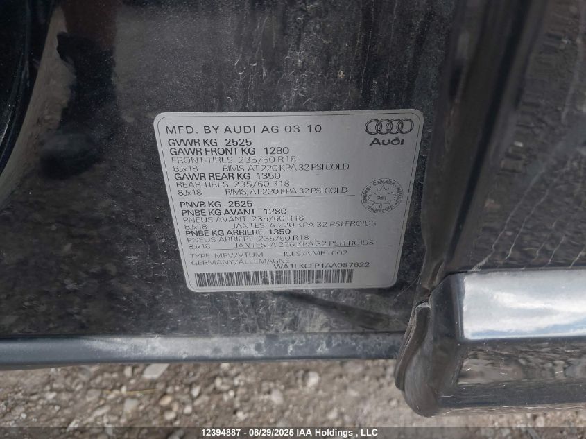 2010 Audi Q5 3.2 Premium VIN: WA1LKCFP1AA087622 Lot: 12394887