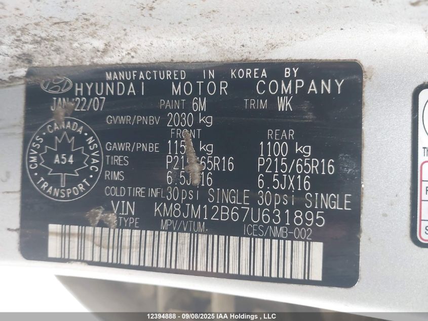 2007 Hyundai Tucson Gls VIN: KM8JM12B67U631895 Lot: 12394888