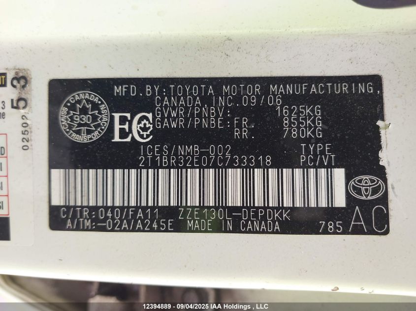 2007 Toyota Corolla Ce/Le/S VIN: 2T1BR32E07C733318 Lot: 12394889