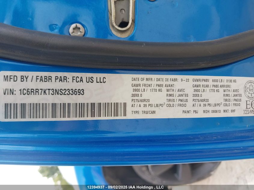2022 Ram 1500 Classic Tradesman VIN: 1C6RR7KT3NS233693 Lot: 12394937