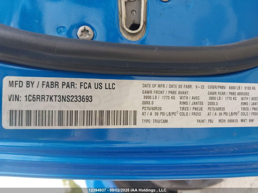 2022 Ram 1500 Classic Tradesman VIN: 1C6RR7KT3NS233693 Lot: 12394937