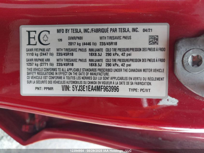 2021 Tesla Model 3 Standard Range/Standard Range Plus VIN: 5YJ3E1EA4MF963996 Lot: 12394954