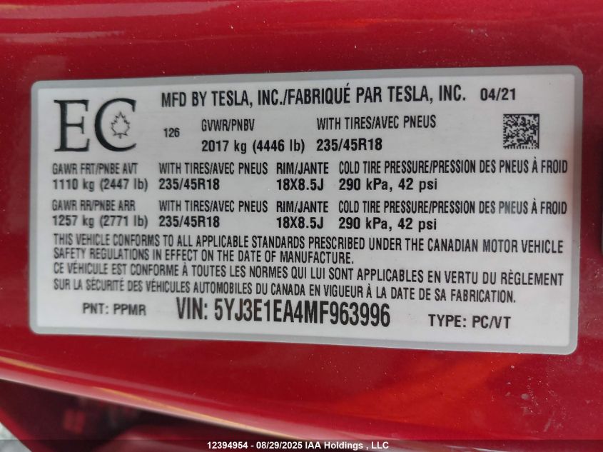 2021 Tesla Model 3 Standard Range/Standard Range Plus VIN: 5YJ3E1EA4MF963996 Lot: 12394954