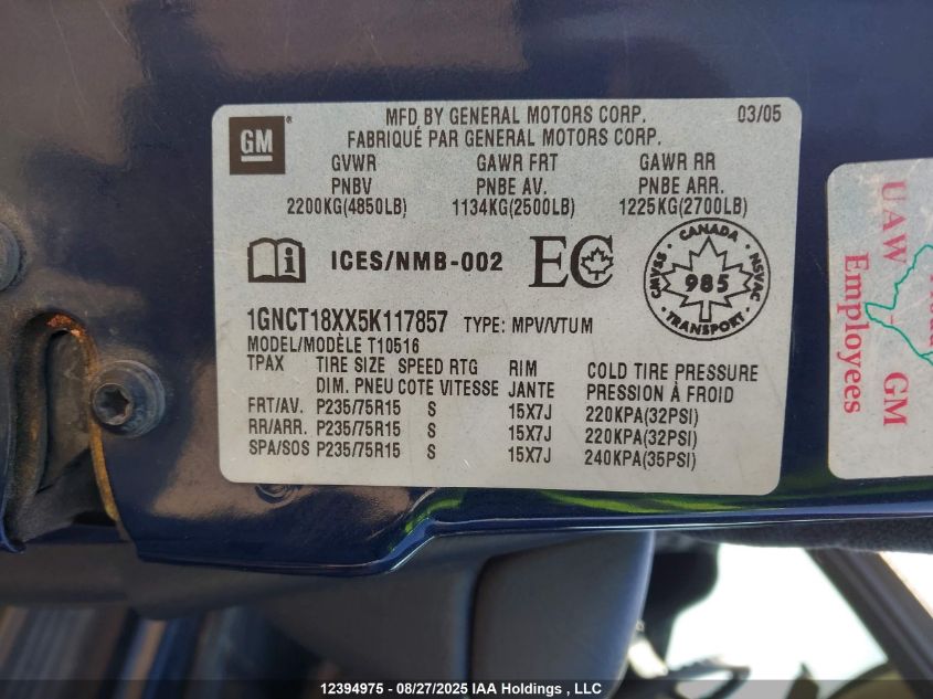 2005 Chevrolet Blazer VIN: 1GNCT18XX5K117857 Lot: 12394975