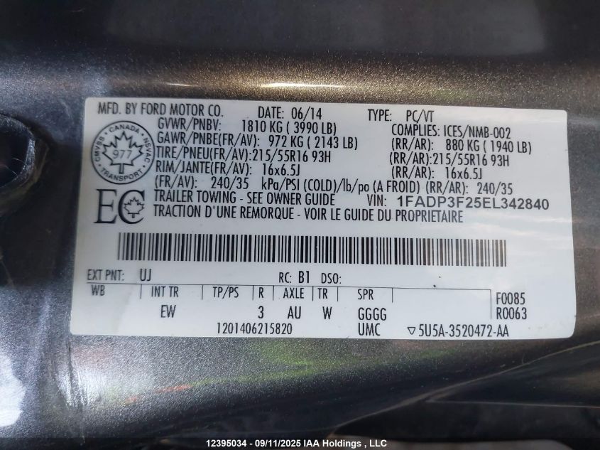 2014 Ford Focus Se VIN: 1FADP3F25EL342840 Lot: 12395034